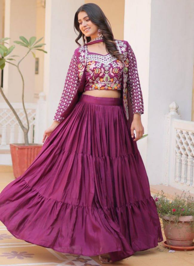 Pure Chinnon Wine Party Wear Embroidery Work Readymade Lehenga Choli With Koti